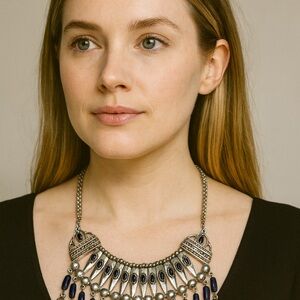 Boho Statement Bib Necklace – Silver & Navy Blue Beaded Fringe vintage